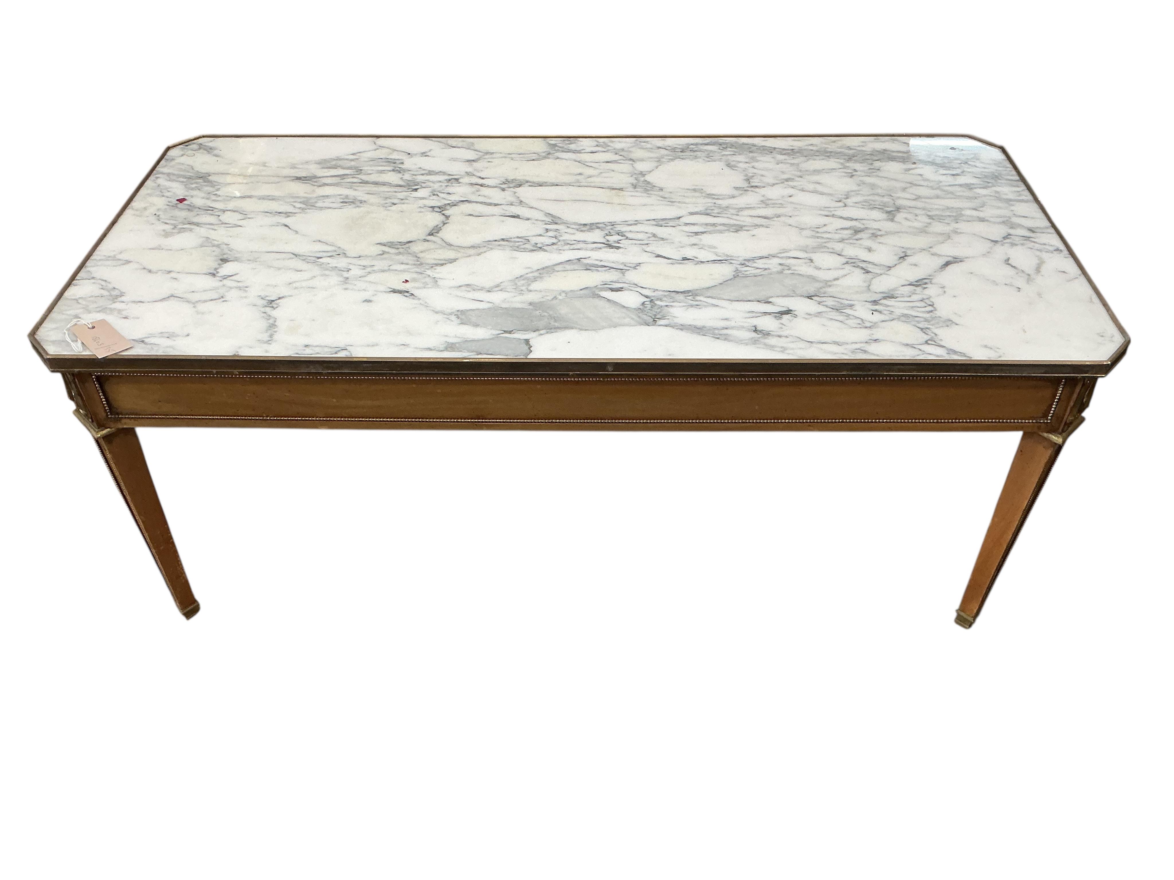 A Louis XVI style brass mounted faux marble top satinwood coffee table, width 110cm, depth 50cm, height 45cm.